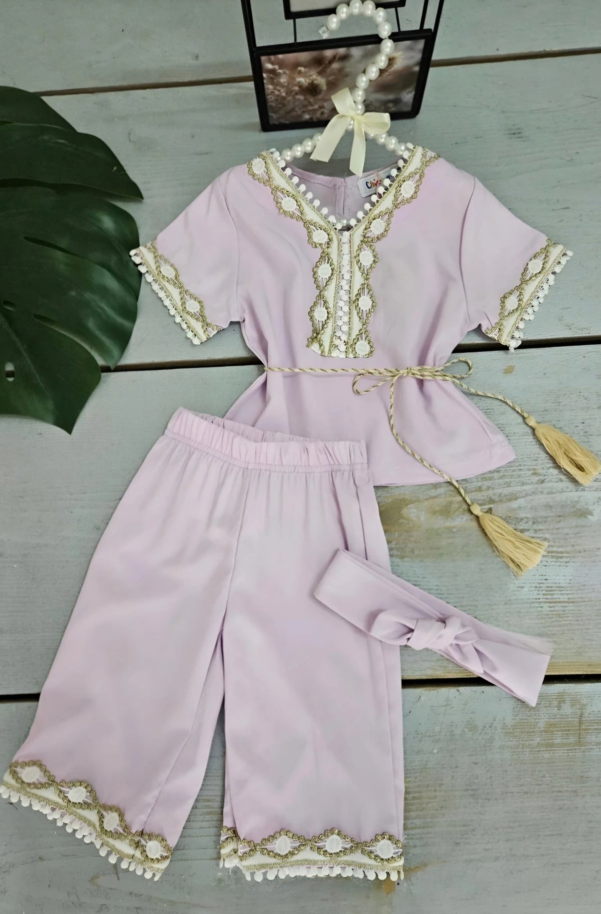 🌸 Ensemble enfant 4 pièces – Tunique, pantalon, bandeau & ceinture