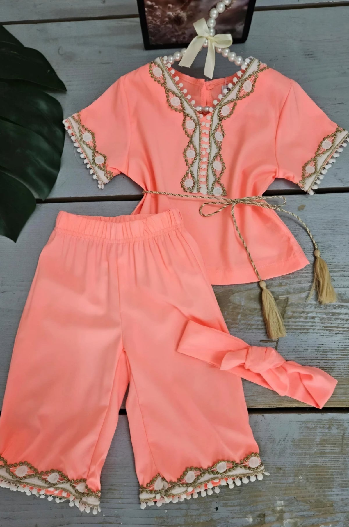 🌸 Ensemble enfant 4 pièces – Tunique, pantalon, bandeau & ceinture